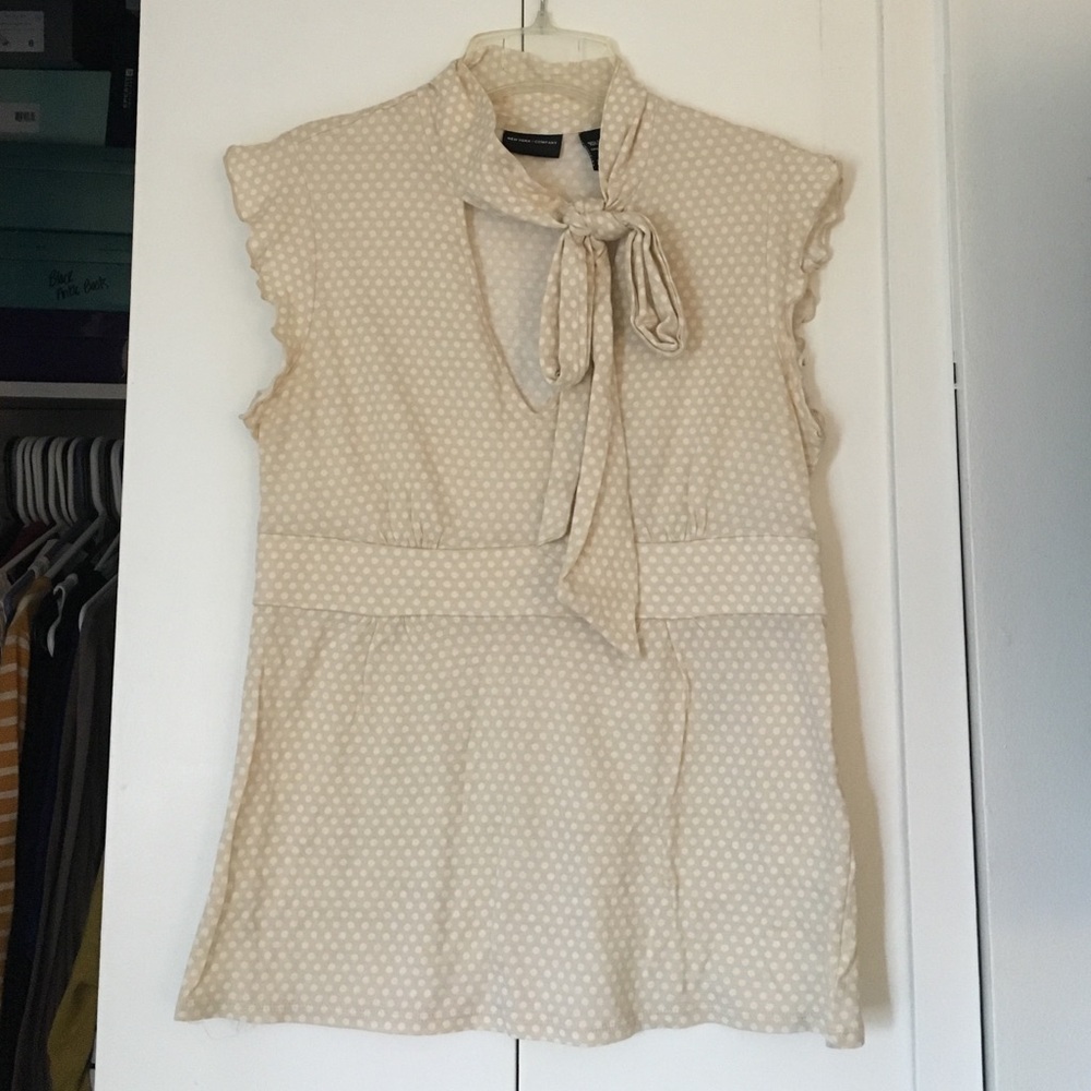 New York & Company Cream Polka Dot Tie-Neck Short Sleeve Blouse